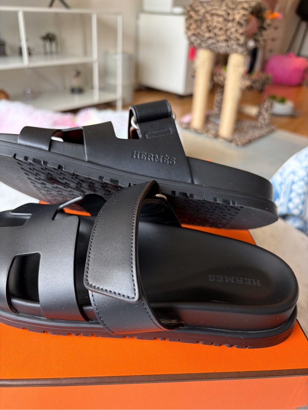 Hermès Black Leather Chypre Sandals - Picture 5 of 10